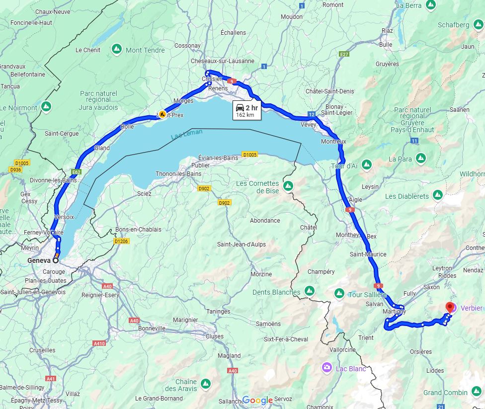 road from Geneva to Verbier by car taxi