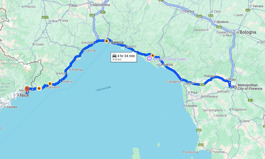 Florence to Monaco road Florence to Monaco road