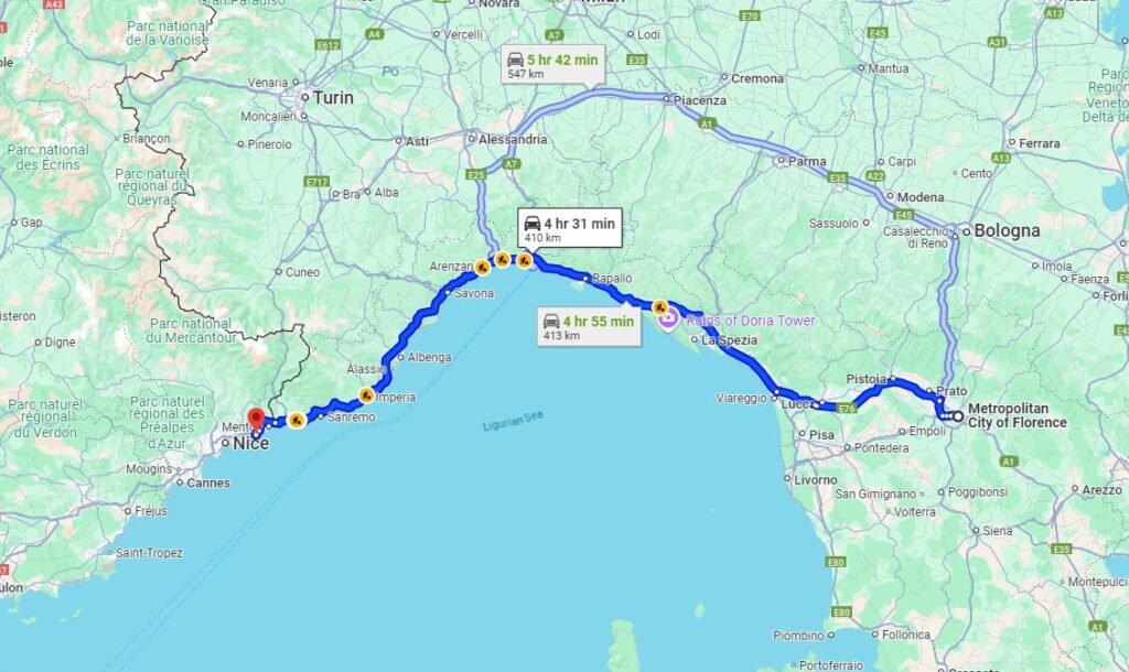 Florence to Monte-Carlo road Florence to Monte-Carlo road