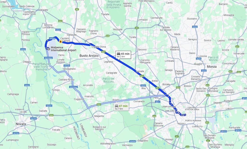Milan Malpensa to city center road