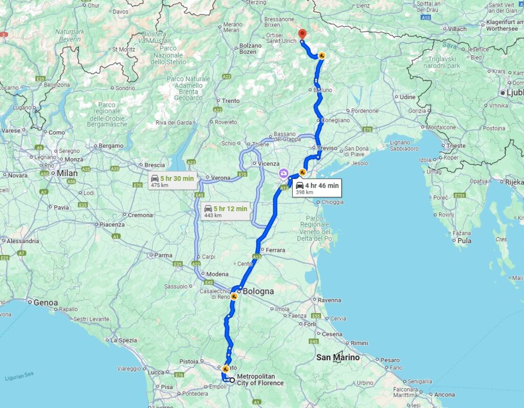 Florence to Cortina d’Ampezzo road Florence to Cortina d’Ampezzo road