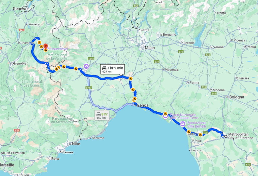 Florence to Courchevel road