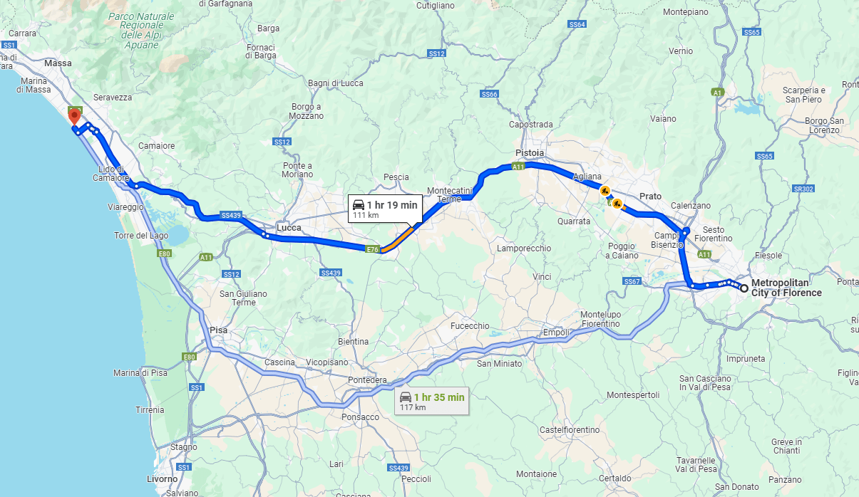 Florence to Forte dei Marmi road