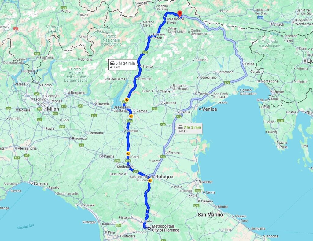 Florence to Kronplatz road Florence to Kronplatz road