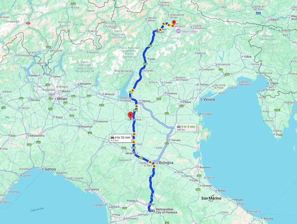 Florence to Selva di Val Gardena road Florence to Selva di Val Gardena road