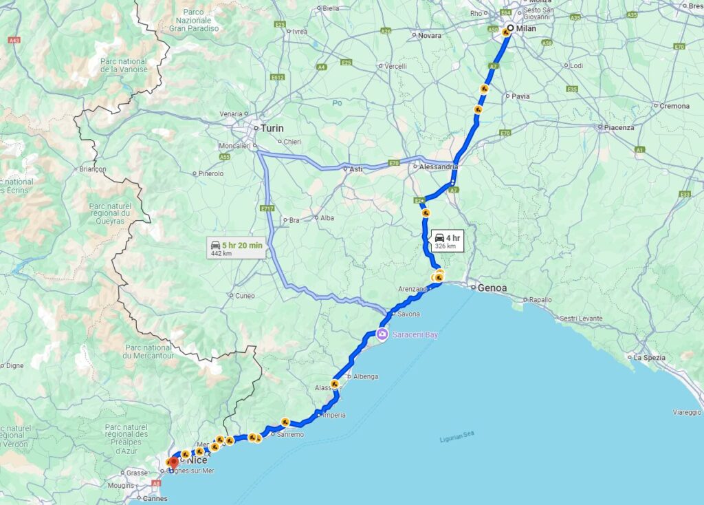 From Milan to Nice road