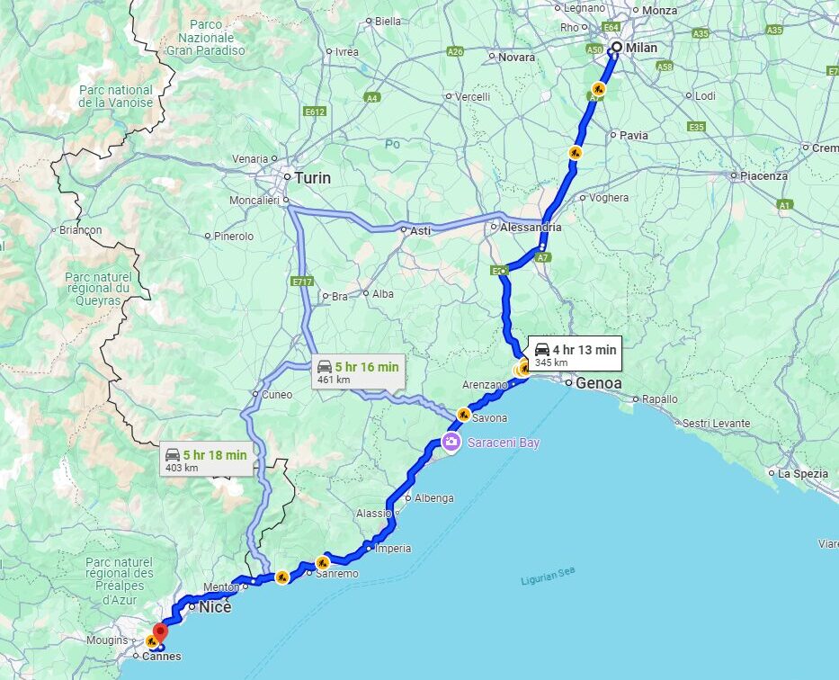 Milan to Antibes road Milan to Antibes road