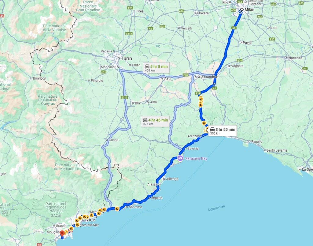 Milan to Cannes road Milan to Cannes road