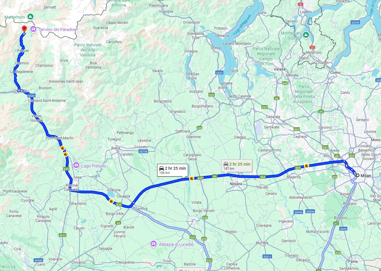 Milan to Cervinia road Milan to Cervinia road