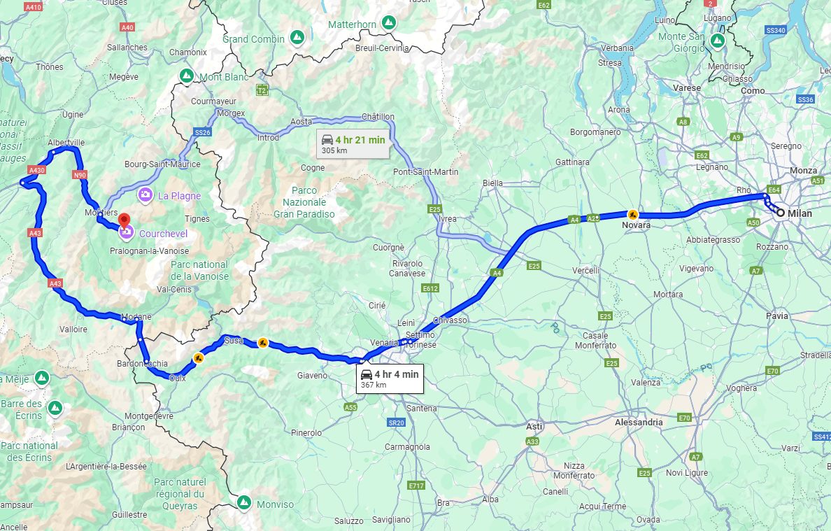 Milan to Courchevel road