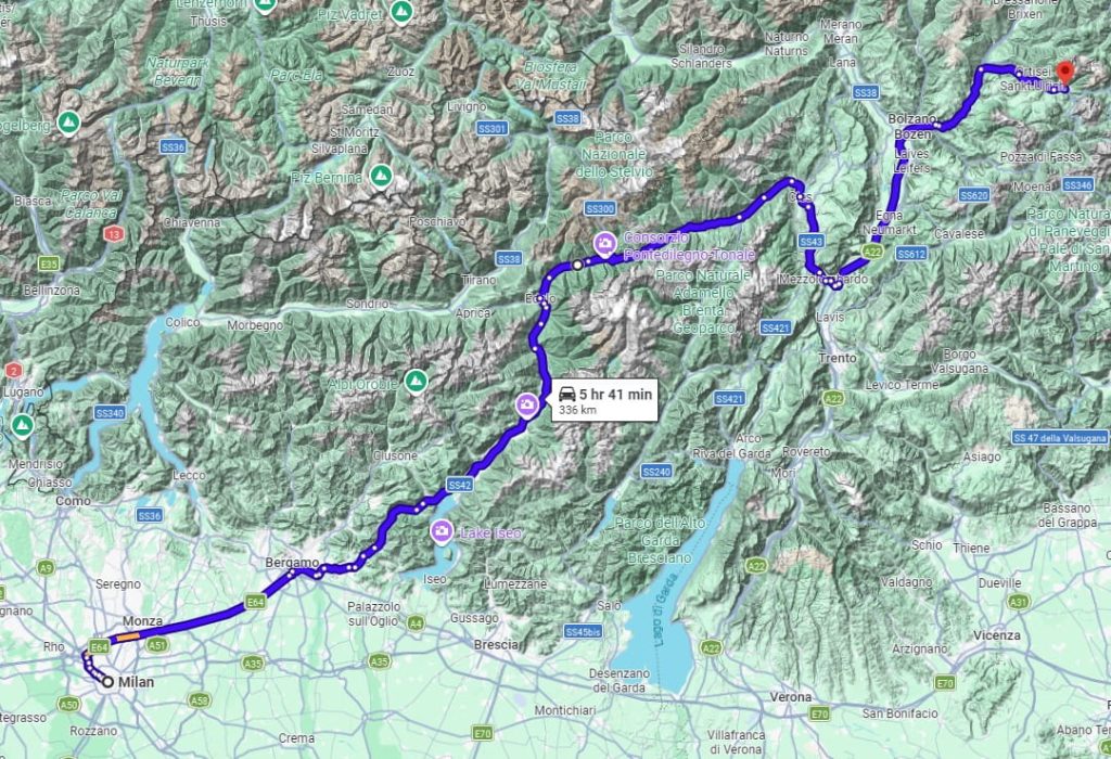 Milan to Selva di Val Gardena road Milan to Selva di Val Gardena road