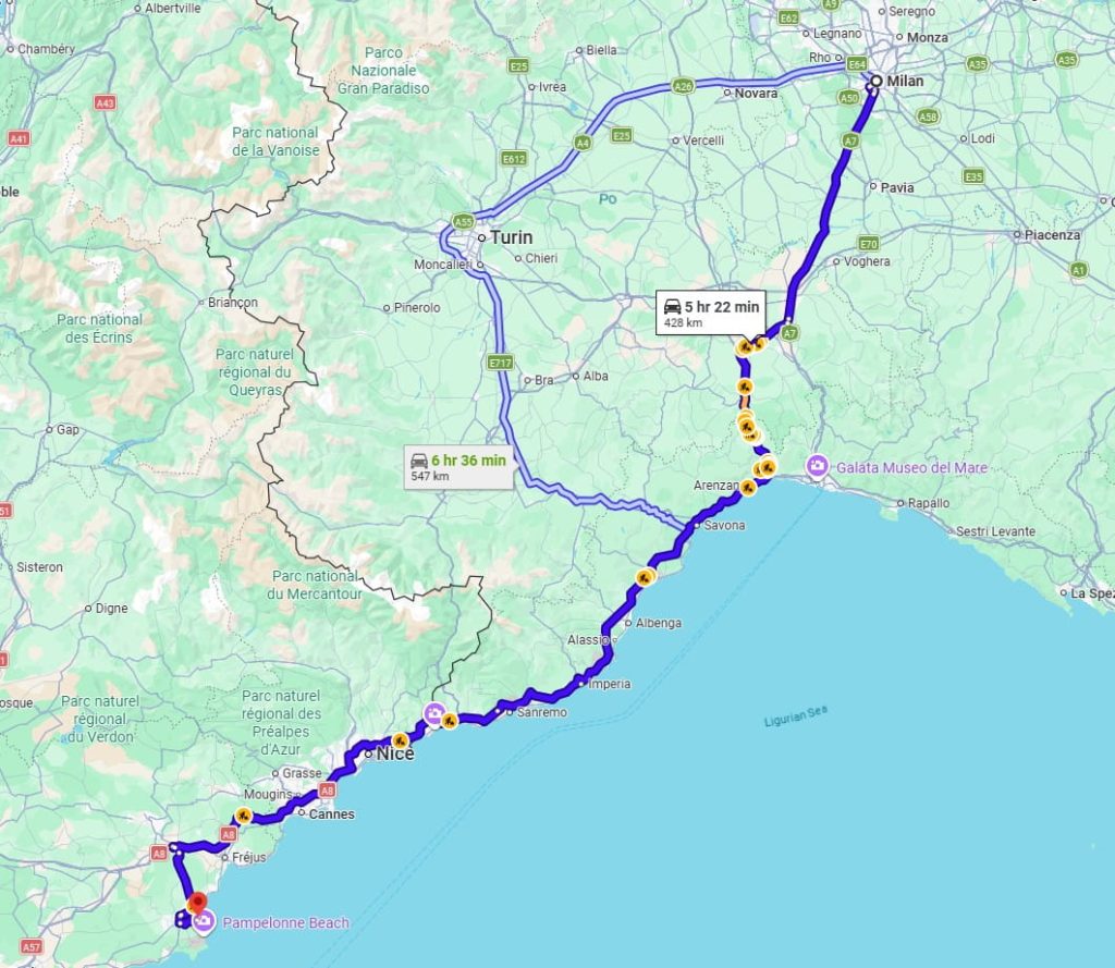 Milan to Saint-Tropez road