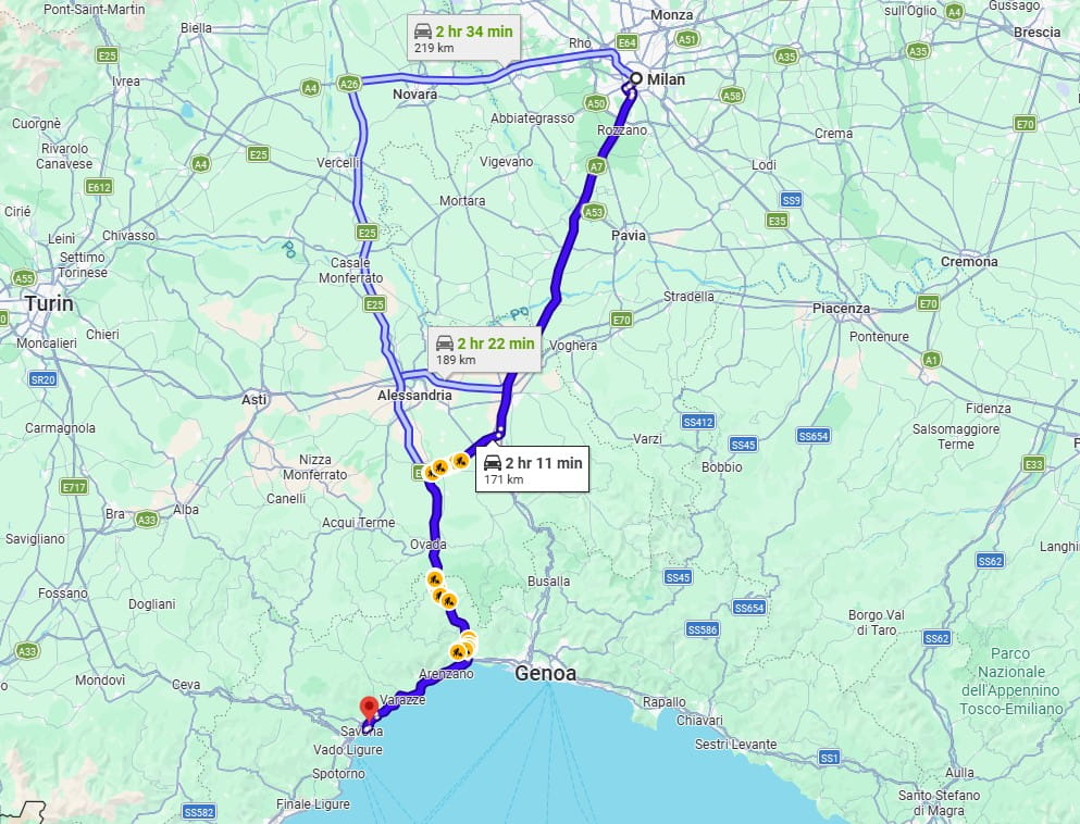 Milan to Savona port road Milan to Savona port road