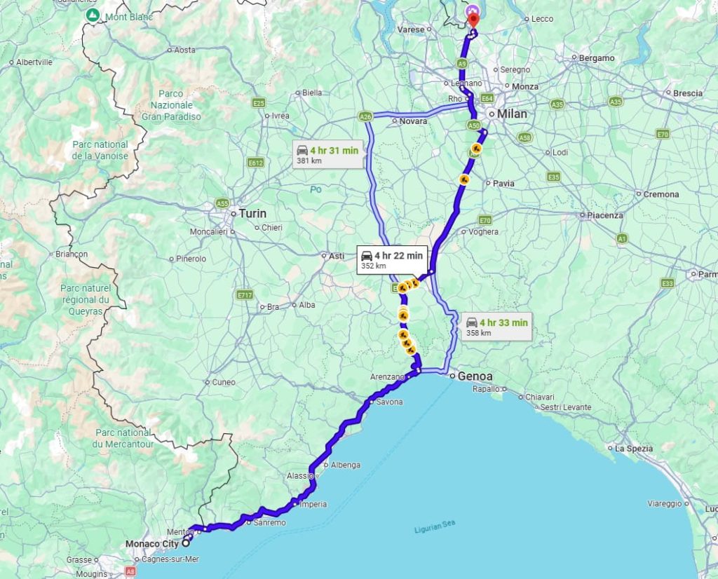 Monaco to Como Lake road