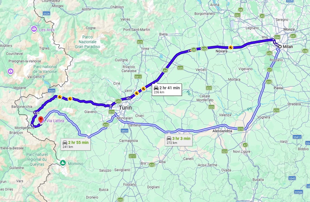 Milan to Sestriere road