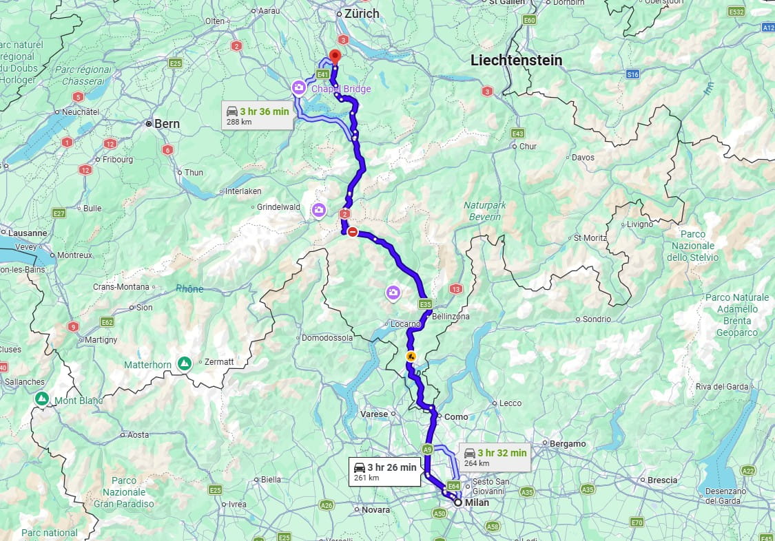 Milan to Zug transfer road Milan to Zug transfer road