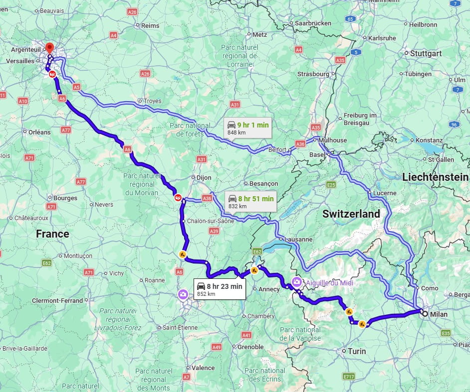 Milan to Paris Distance Travel Time