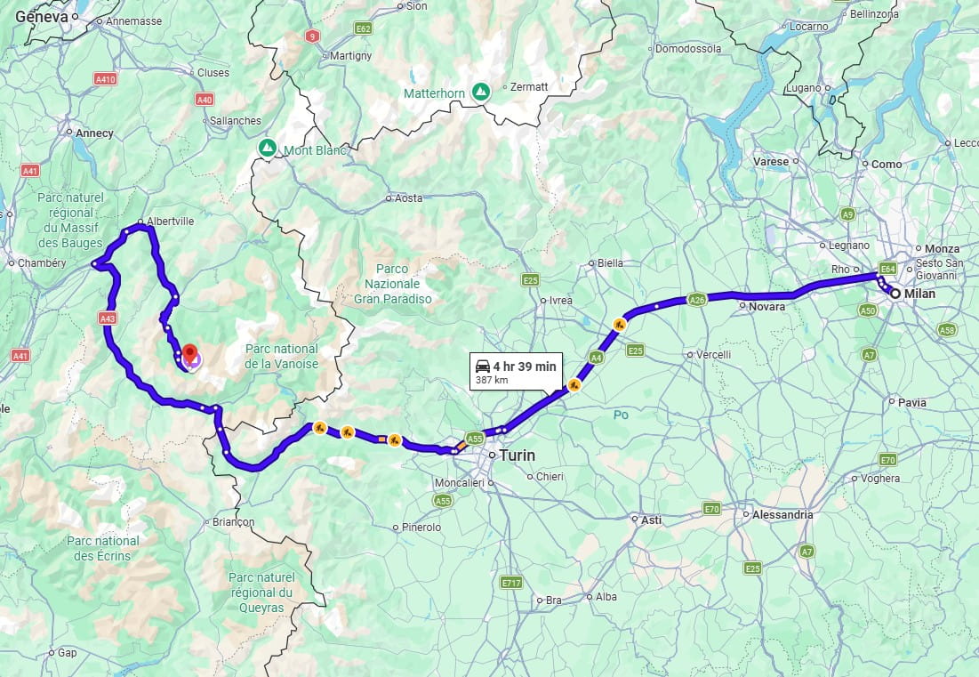 Milan to Val Thorens Road Distance and Travel Time